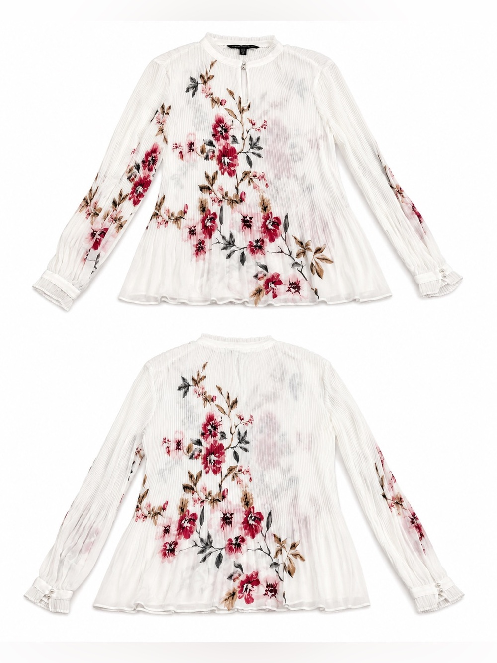 WHBM Floral Pleated Long-Sleeve Blouse